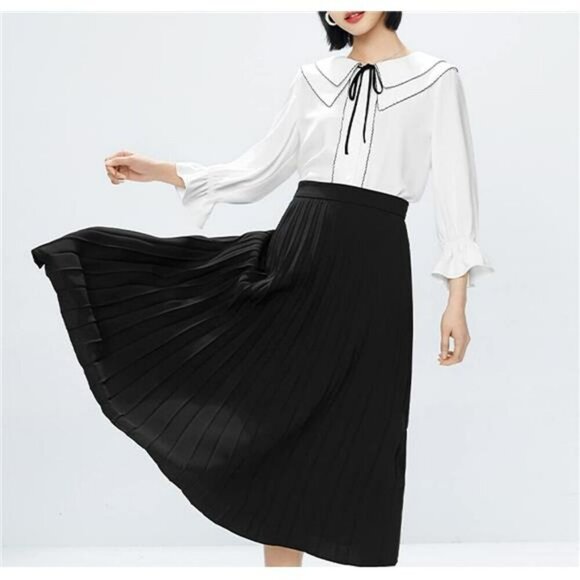 High Waist Pleated A Line Midi Skirt Flowy Elastic Waist Swing Skirt Women - Picture 2 of 5